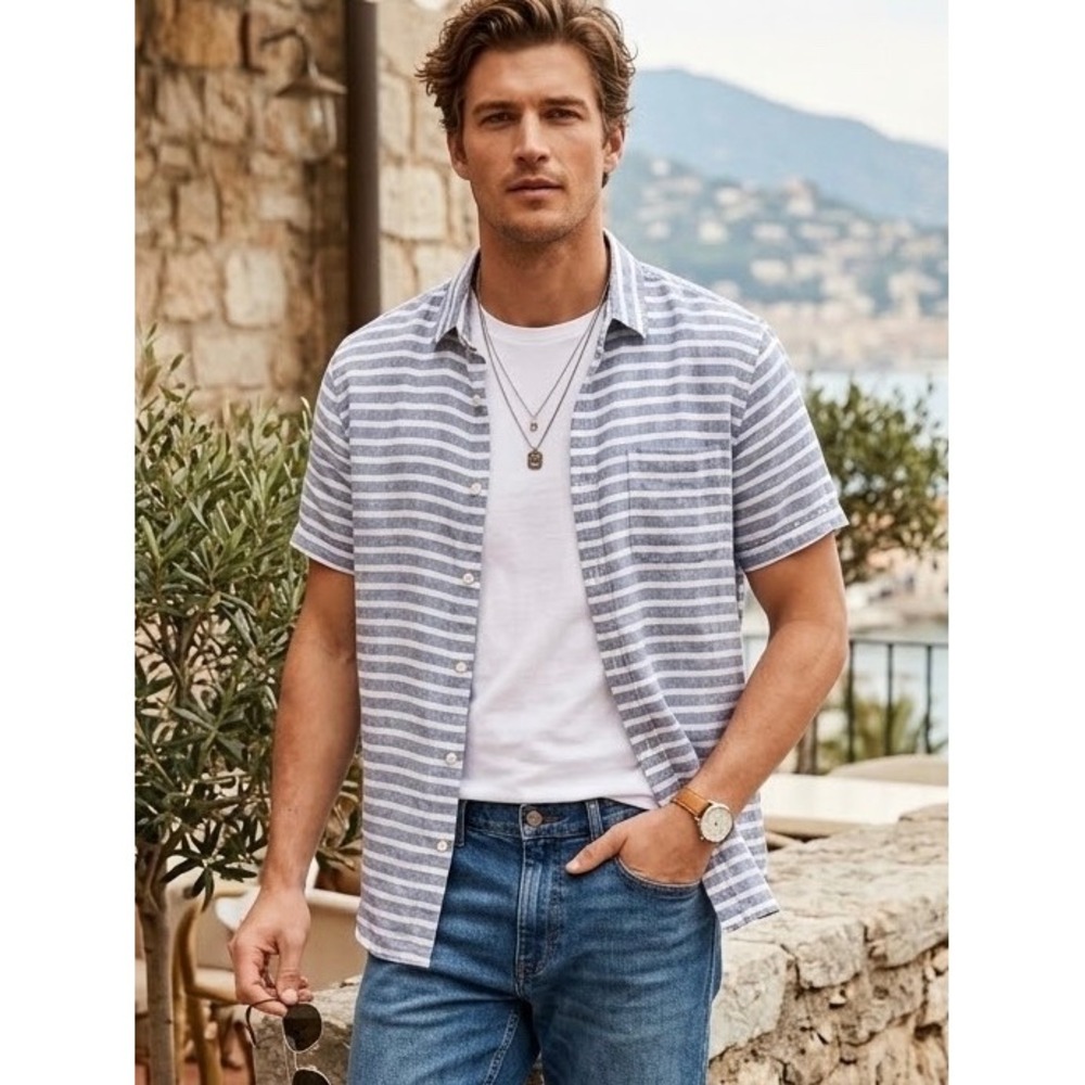 J.Crew Mens Blue White Striped 100% Linen Short Sleeve Button Down Shirt Large